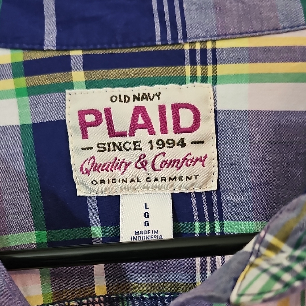 Old Navy Y2K Blue and Green Plaid Button Down Shirt Womens Large - Picture 2 of 6